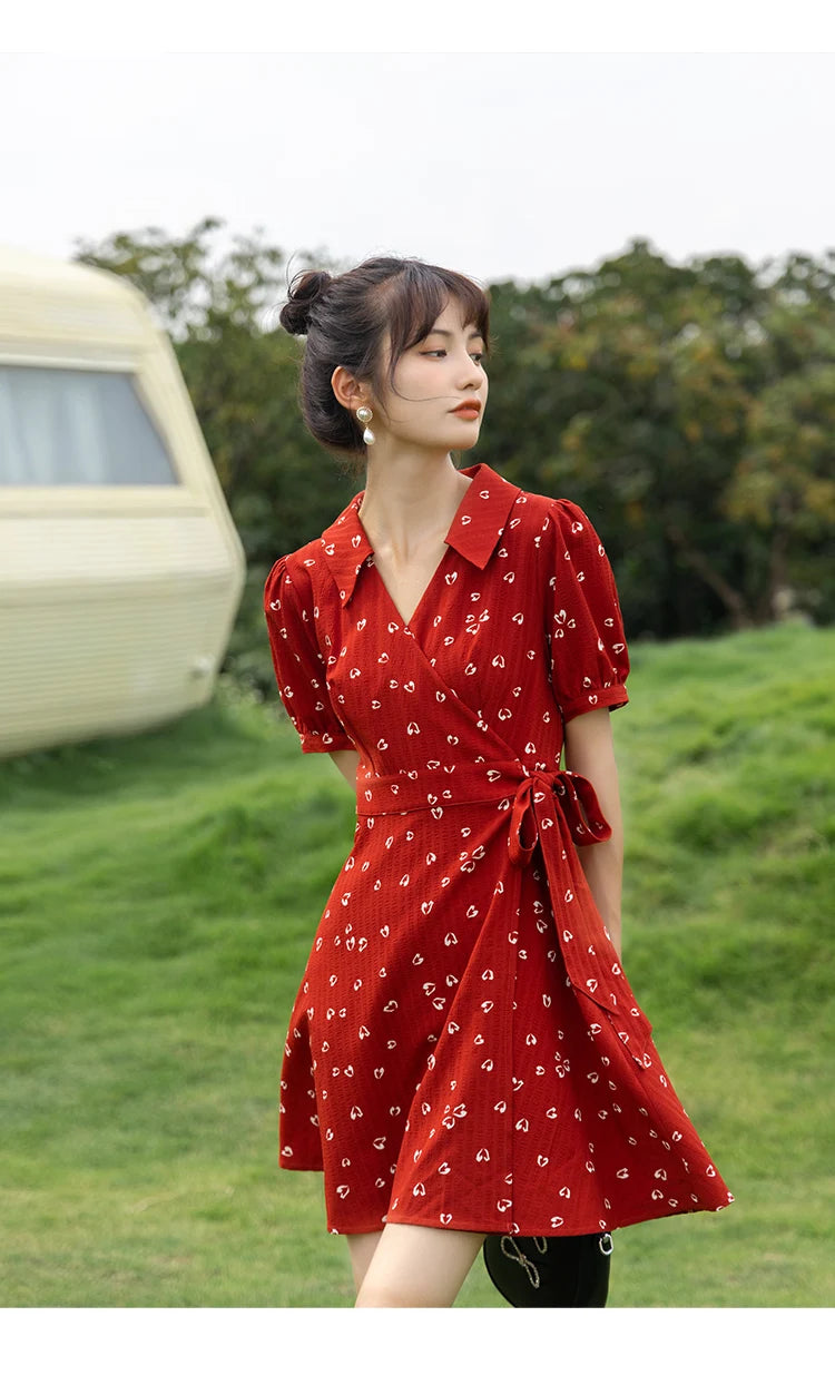 Mishow Red Chiffon V-Neck Floral Midi Dress MXA29L0356