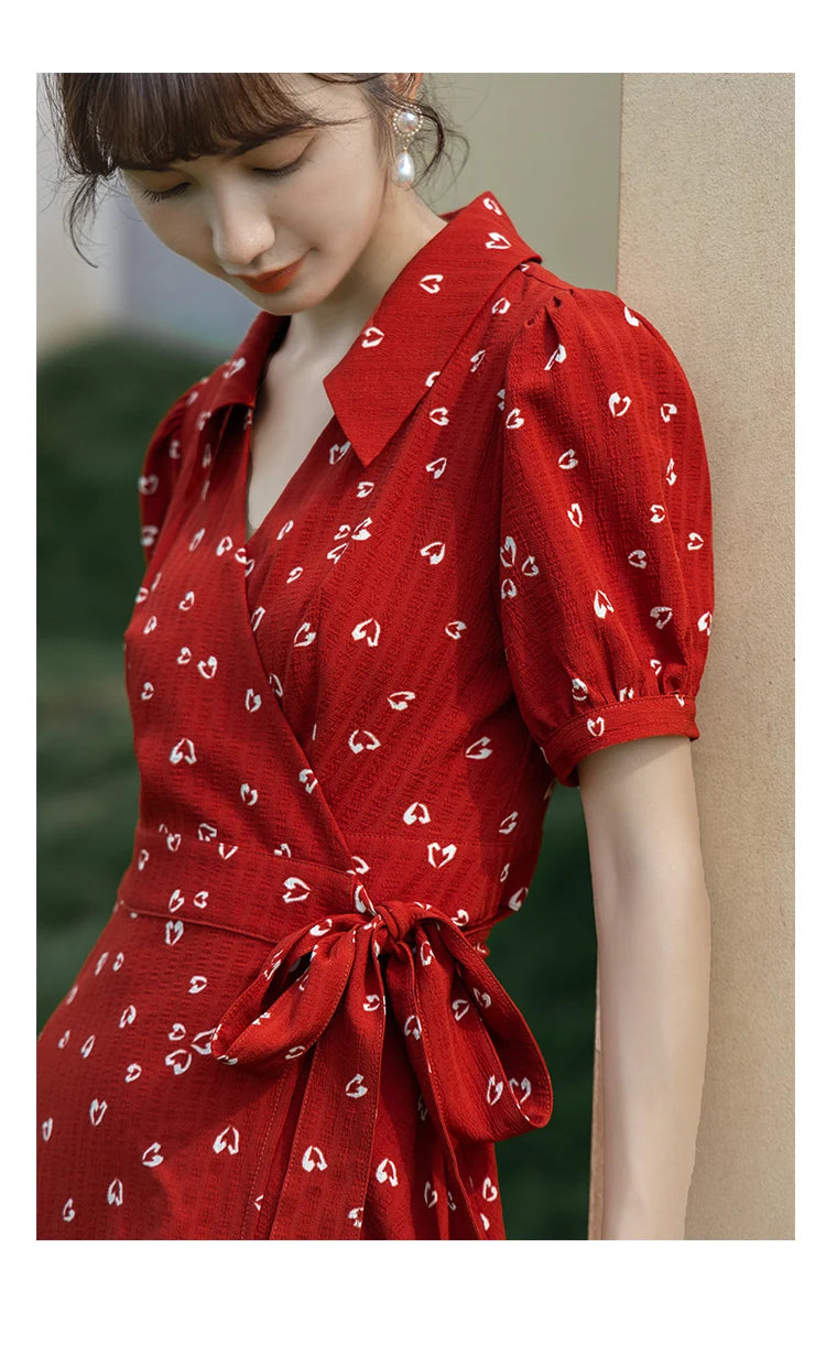 Mishow Red Chiffon V-Neck Floral Midi Dress MXA29L0356