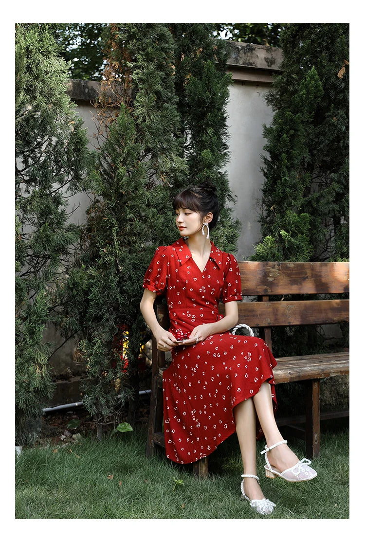 Mishow Red Chiffon V-Neck Floral Midi Dress MXA29L0356