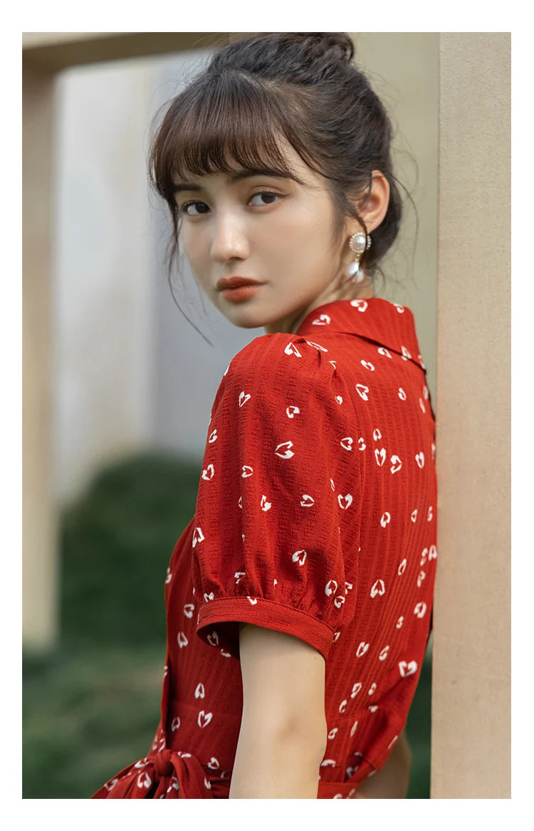 Mishow Red Chiffon V-Neck Floral Midi Dress MXA29L0356