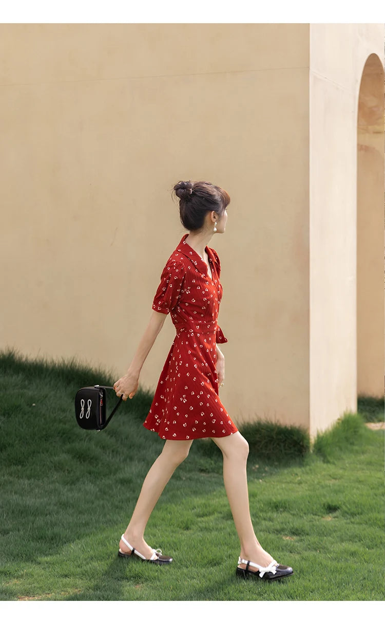 Mishow Red Chiffon V-Neck Floral Midi Dress MXA29L0356