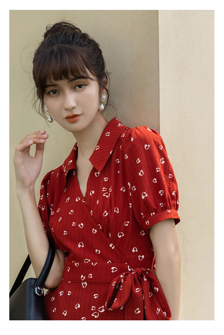 Mishow Red Chiffon V-Neck Floral Midi Dress MXA29L0356