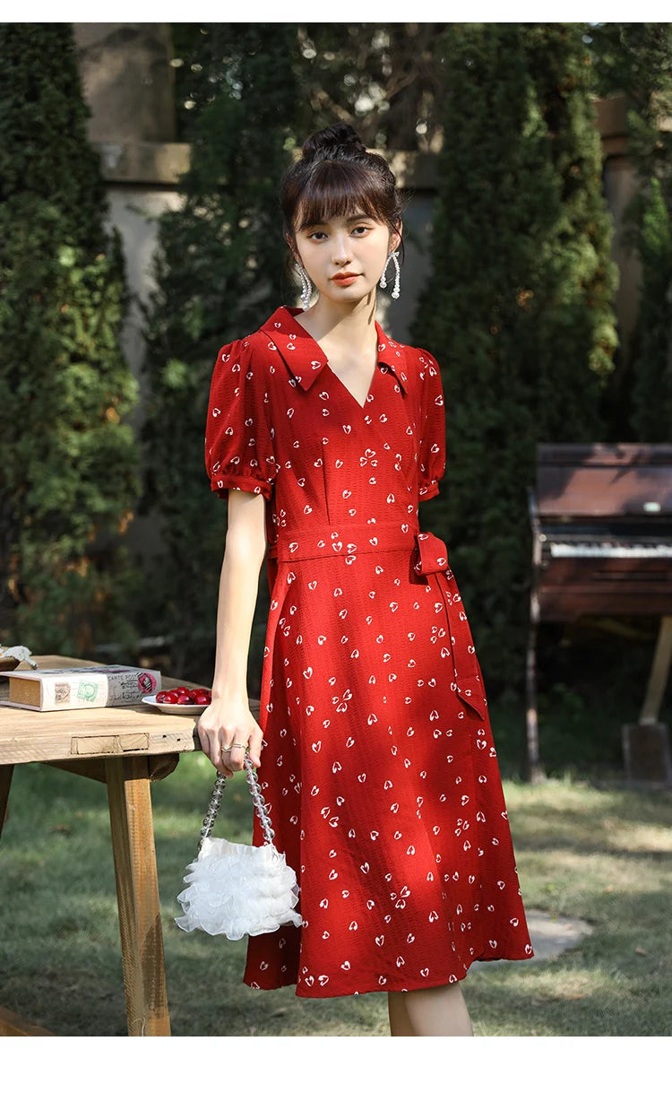 Mishow Red Chiffon V-Neck Floral Midi Dress MXA29L0356