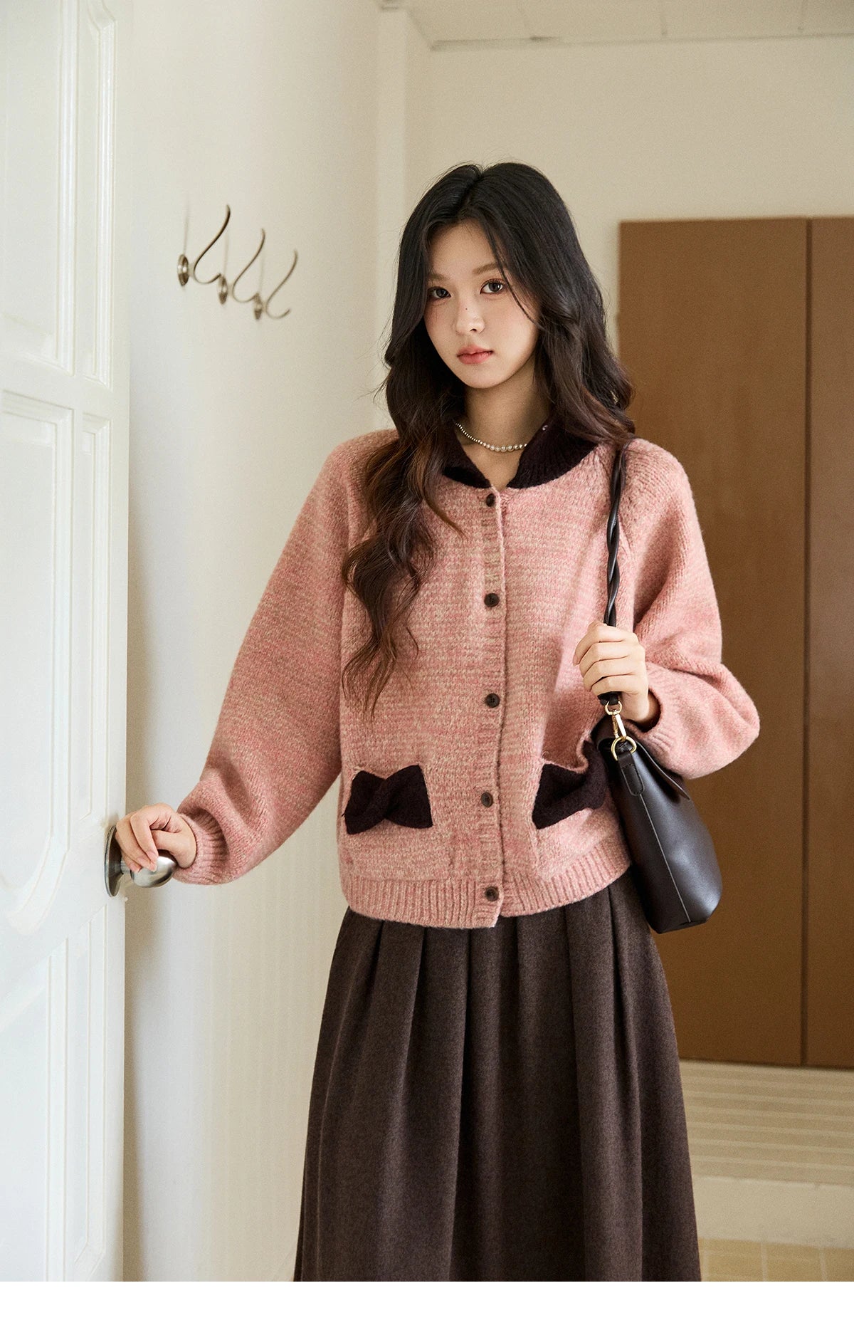 Mishow Pink Contrast Collar Bow Pocket Cardigan MXE94Z2957