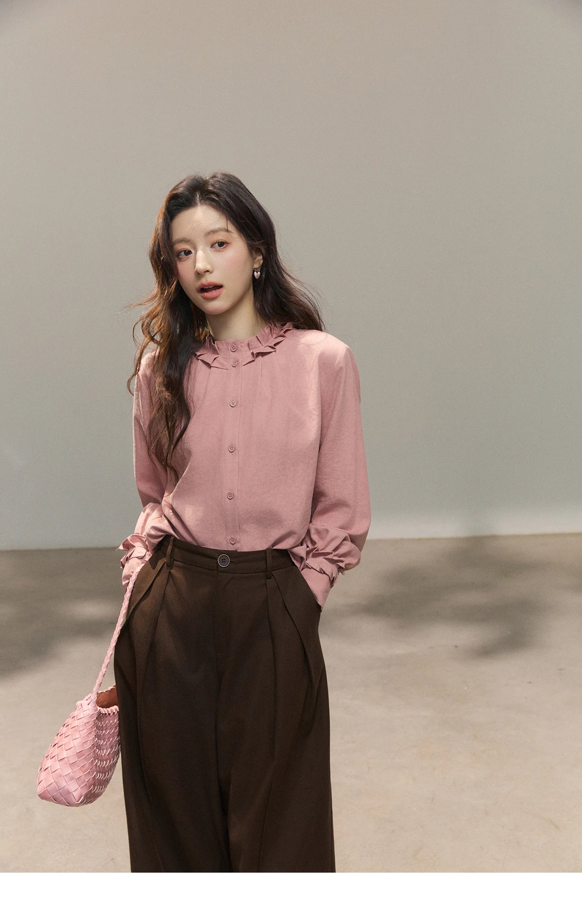 MISHOW Peach Skin Solid Shirt Ruffled Crew Neck MXF11C2431
