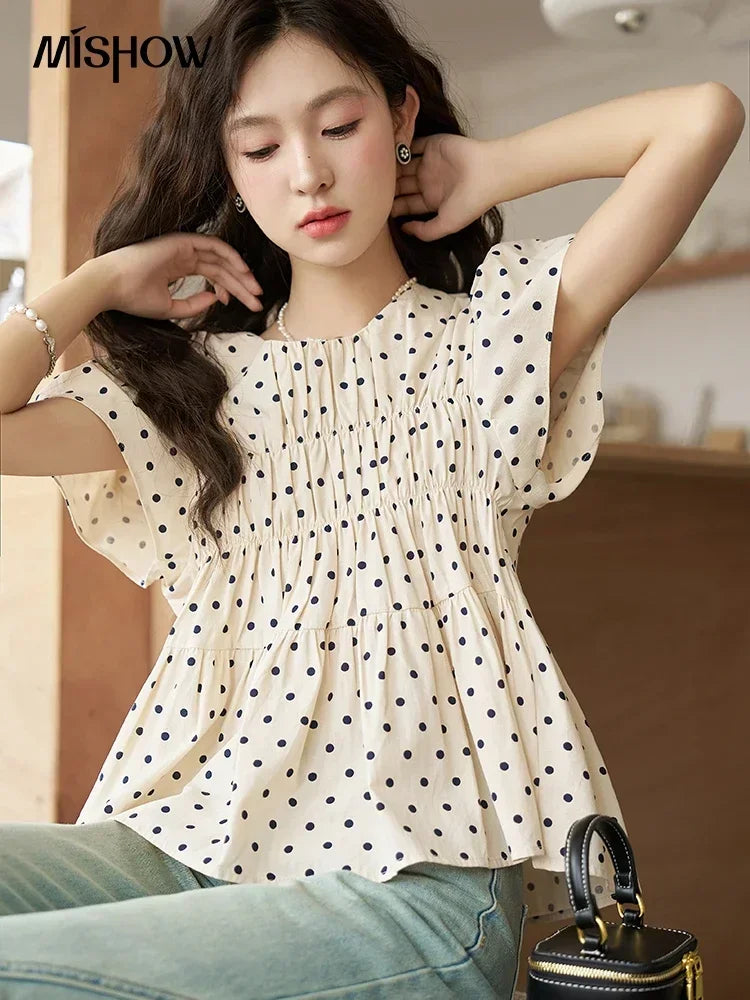 MISHOW Polka Dot Blouse Flying Sleeve O Neck Elastic Folds MXC39X1291