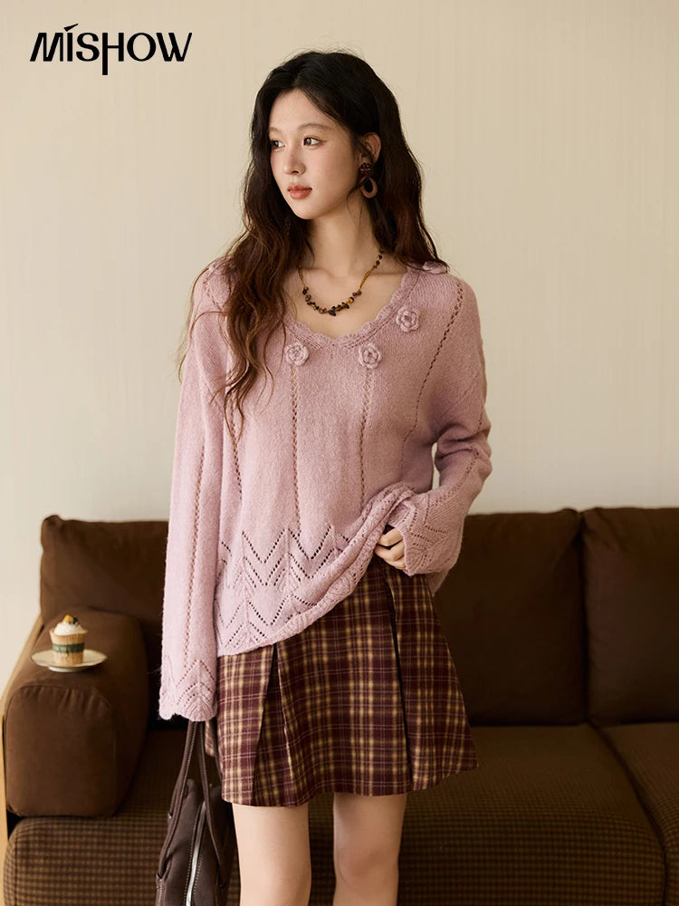 Mishow Purple Hollow Wave V-Neck Crochet Pullover MXE45Z1391