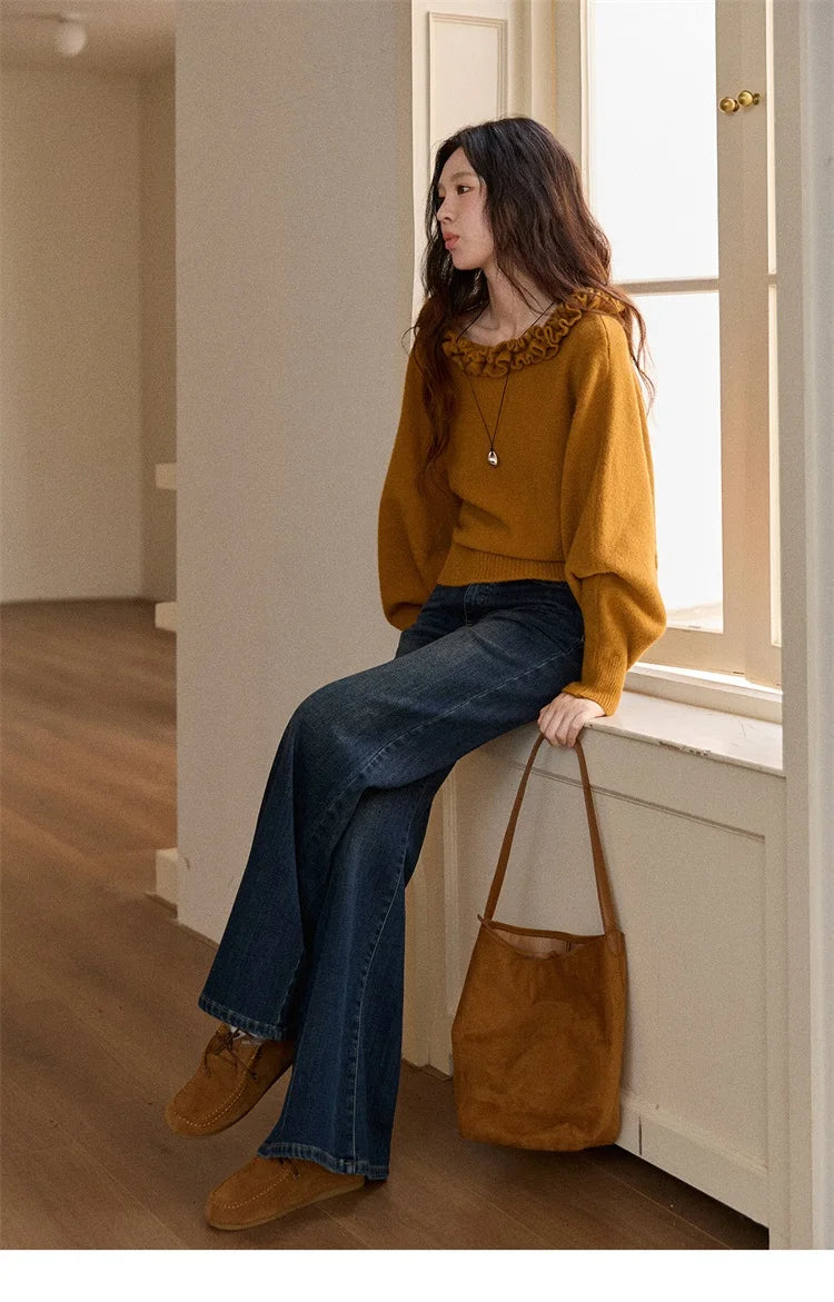 Mishow Orange Lotus Edge Lantern Sleeve Pullover MXE86Z2726