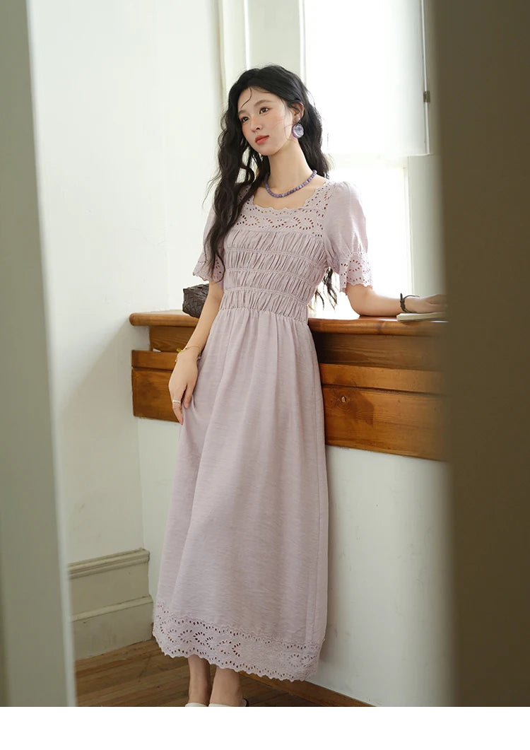 Mishow Purple Square Neck Puff Sleeve Lace Dress MXE39L2406