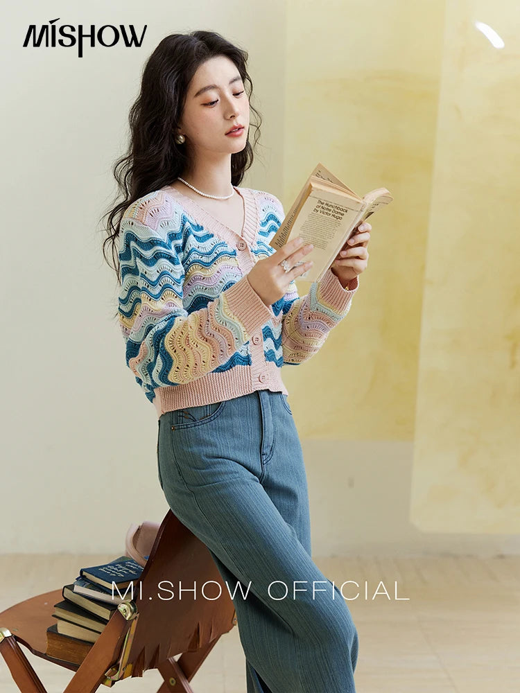 Mishow Color Stripe V-Neck Loose Cardigan MXE16Z1203