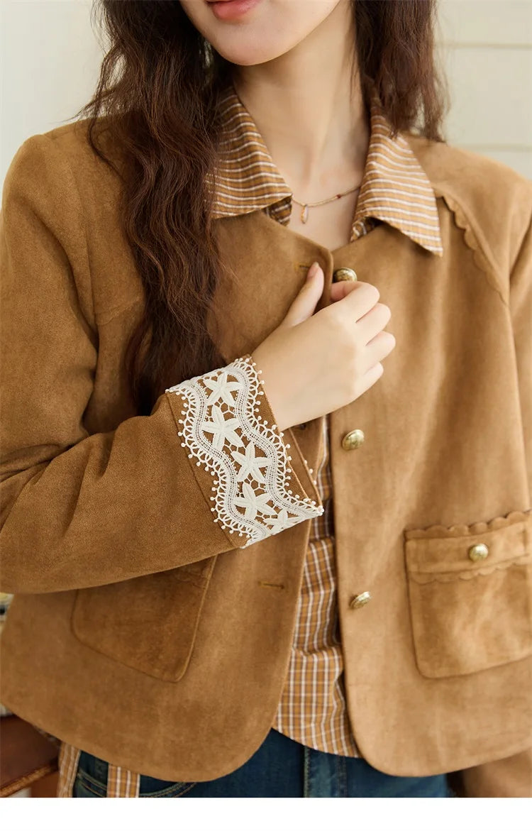 MISHOW Fragrant Suede Jacket Cuffs Hollowed Out Lace Metal Button MXE46W0839