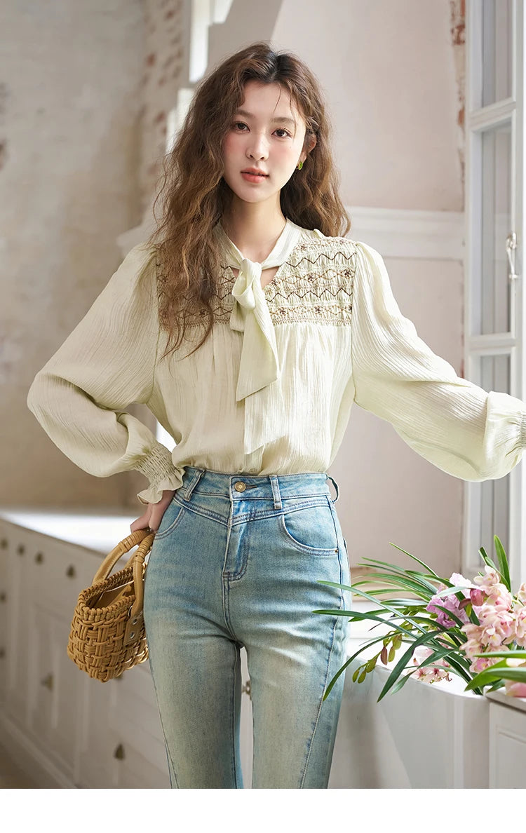 MISHOW Ribbon Collar Shirt Sweet Cuffs Pleated Embroidered Petal Sleeve MXD14C0226