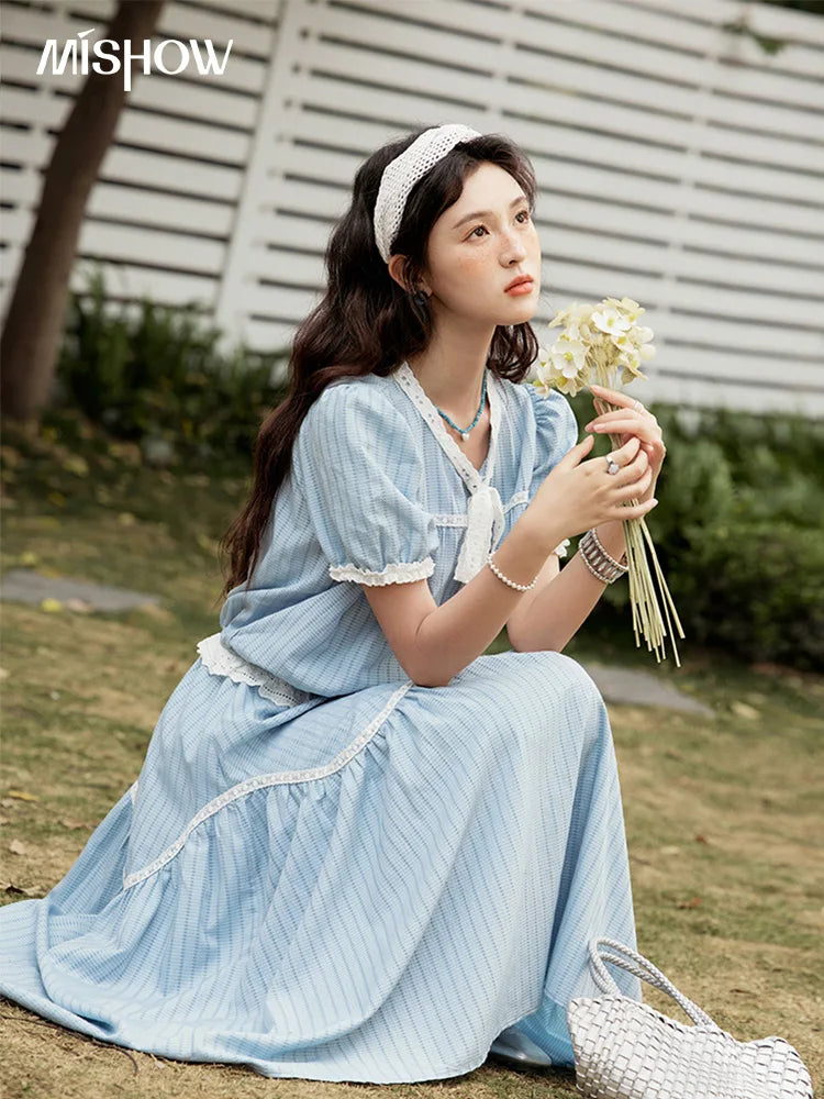 Mishow Blue Stripe V-Neck Top & A-Line Skirt Set MXE31T0531