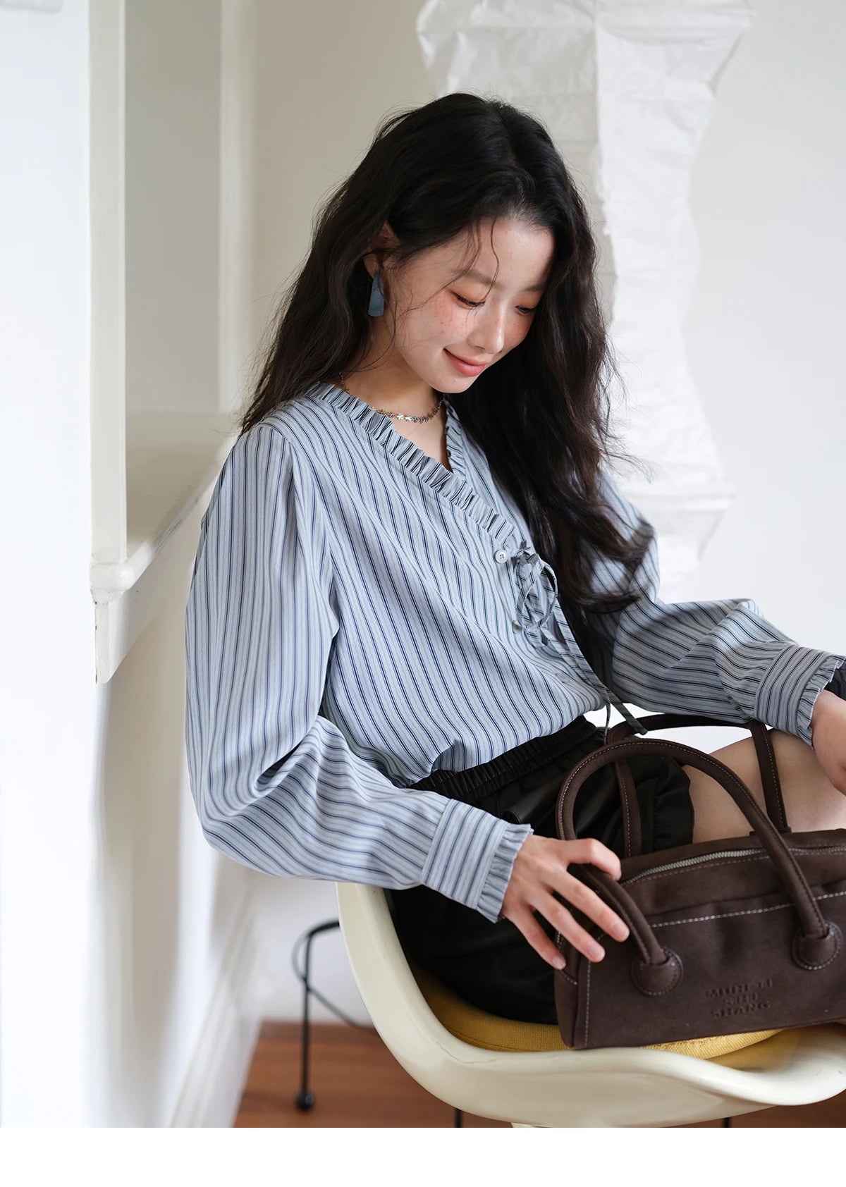 MISHOW Blue Striped Velvet Shirt V-Neck Asymmetrical Lace-Up MXE42X2472