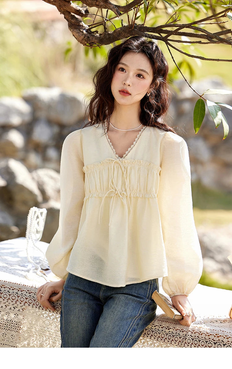 MISHOW Jacquard Lace V-Neck Blouse Ruffled Wavy Puff Sleeve MXE12C0397