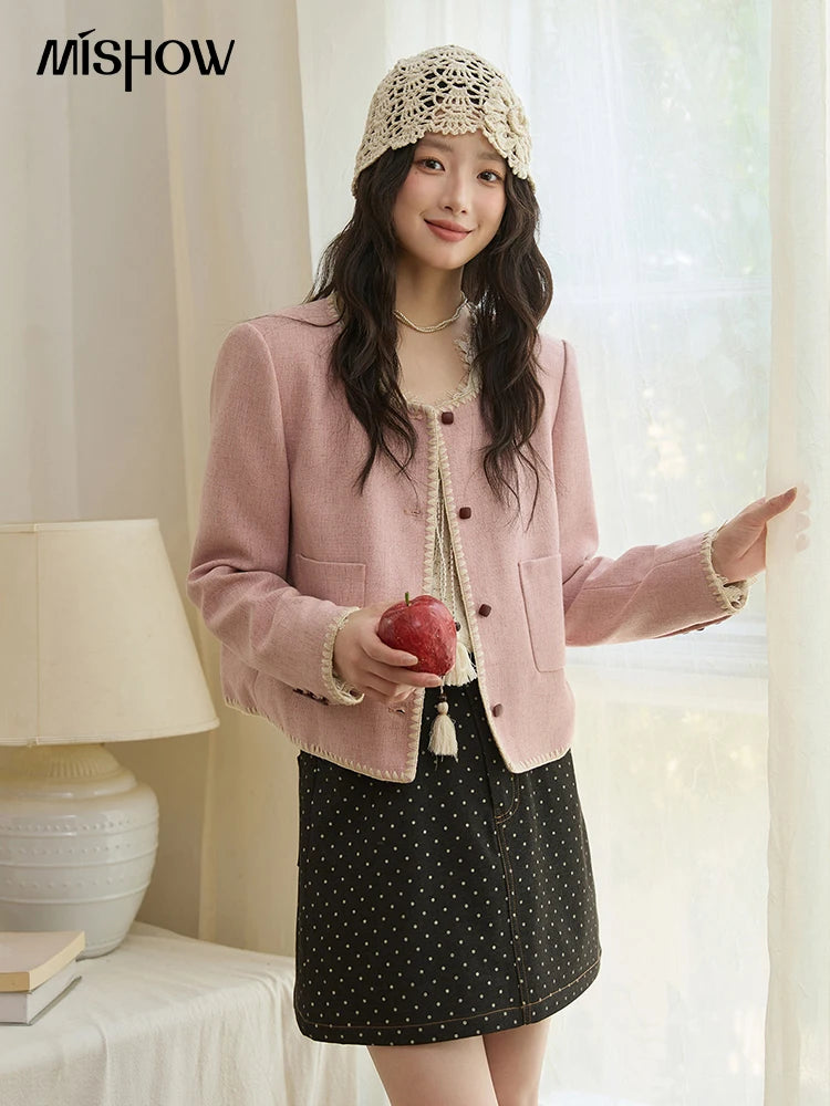 MISHOW Solid Tweed Jacket Round Neck Long Sleeved Short MXE44W0812
