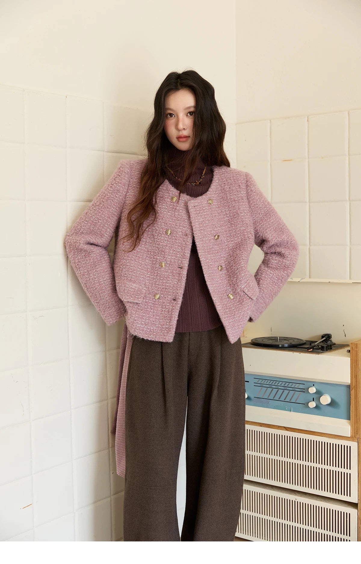 Mishow Purple Double-Breasted Tweed Wool Coat MXE88W0881