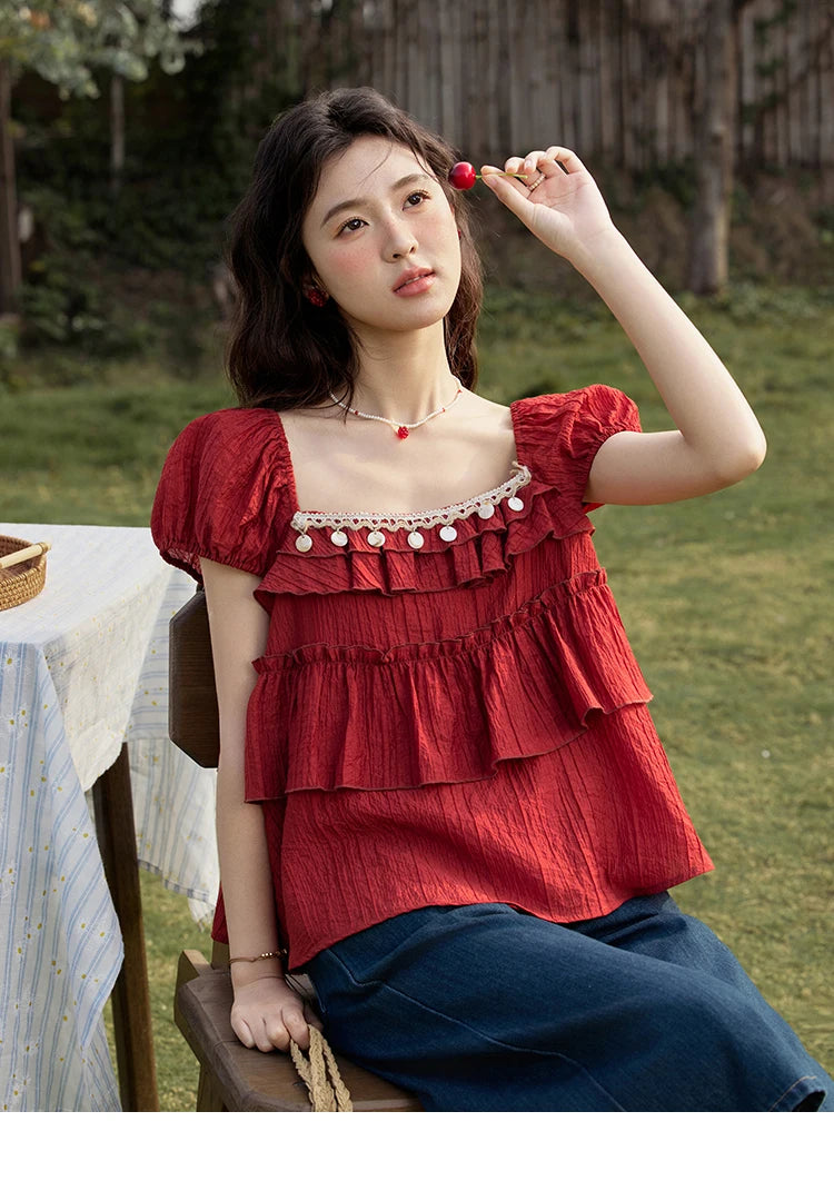 MISHOW Square Collar Puff Sleeve Tiered Blouse MXE33X1763