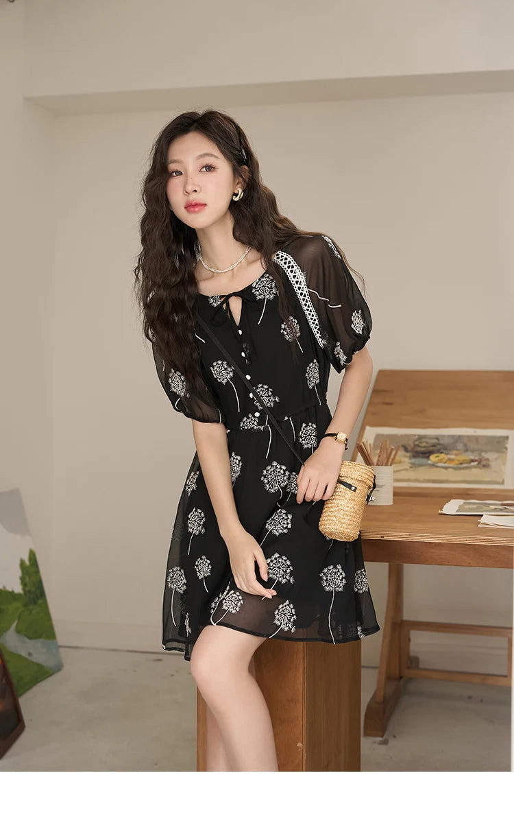 Mishow Taraxacum Black Embroidered Lace-Up Dress MXC39L1567