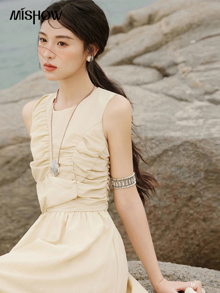 Mishow Solid Sleeveless Belted Office Dress MXE31L2188