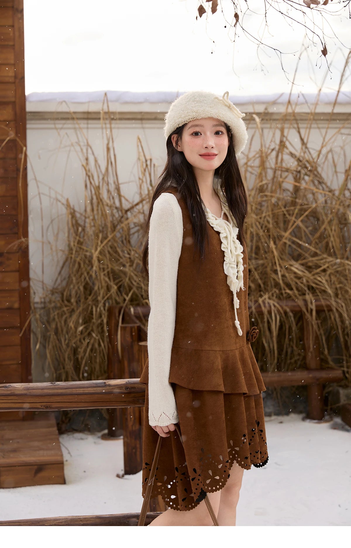 Mishow Brown Retro Suede Hollow Out Vest Dress MXE51L2524