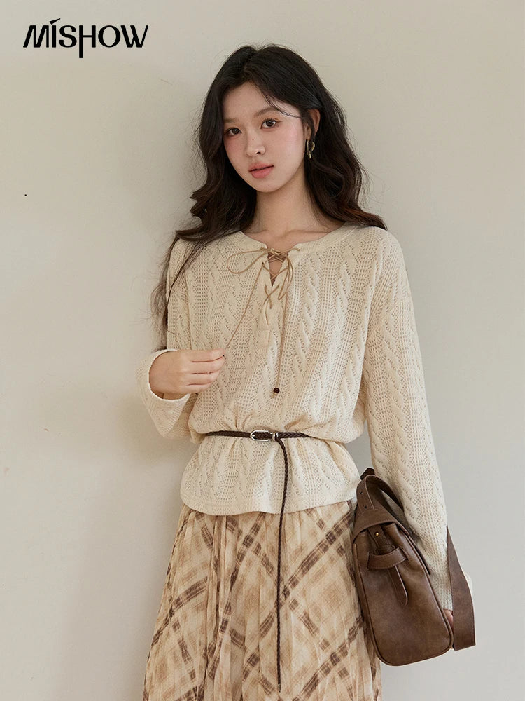 Mishow Beige V-Neck Lace-Up Cable Knit Sweater MXF108Z1029