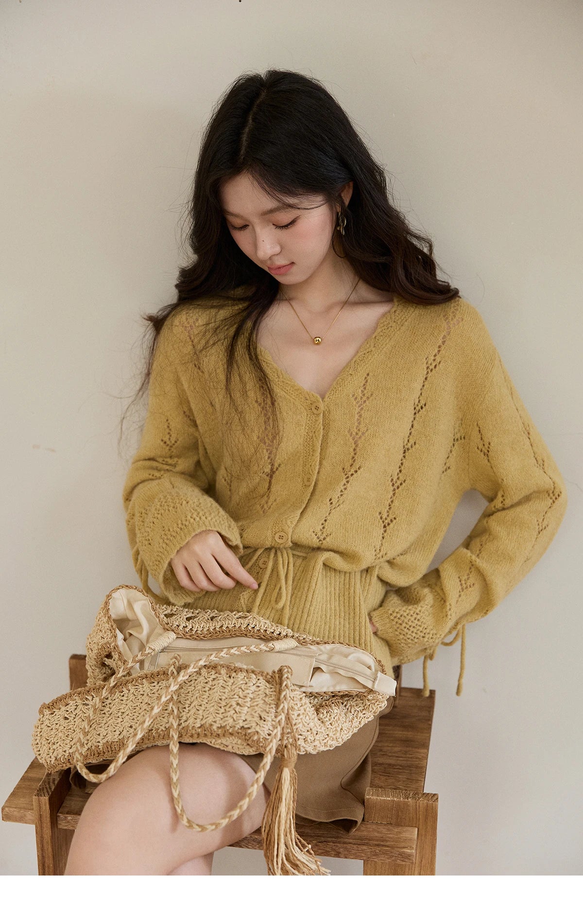 Mishow Yellow Hollow V-Neck Drawstring Cardigan MXF108Z1022