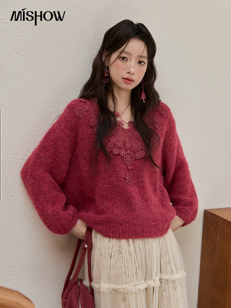 Mishow Pink Lace Wool V-Neck Lantern Sleeve Pullover MXE51Z2632