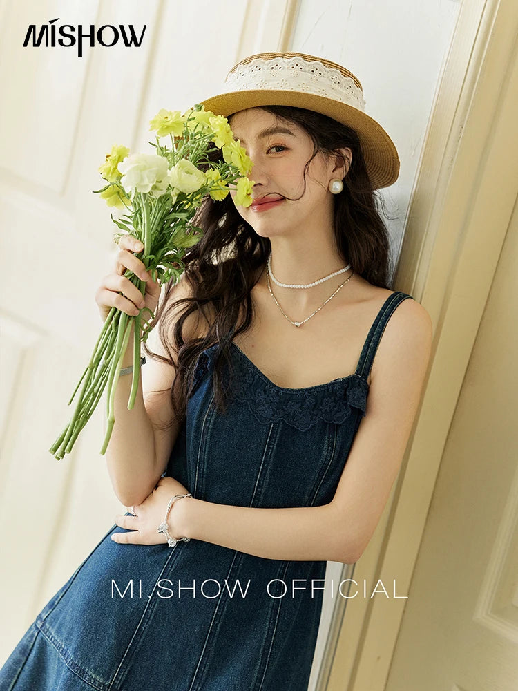 Mishow Denim Camisole Hollowed Out Lace Edge Dress MXE13L2094