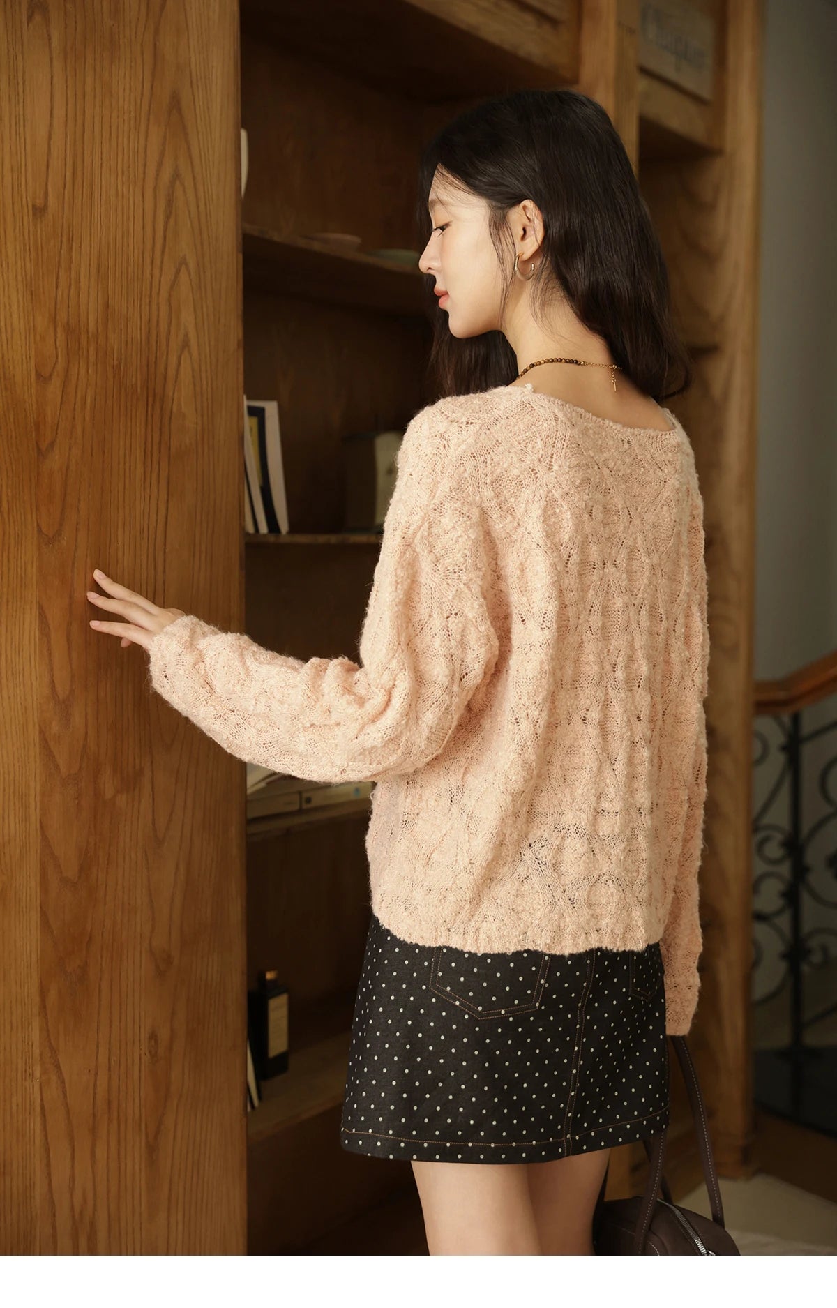 Mishow Bamboo Loop Yarn Hollow V-Neck Lace Sweater MXE43Z1349
