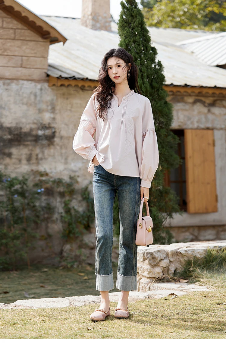 MISHOW Pink Cotton Ruffled Blouse Loose Long Sleeve MXE13X1699