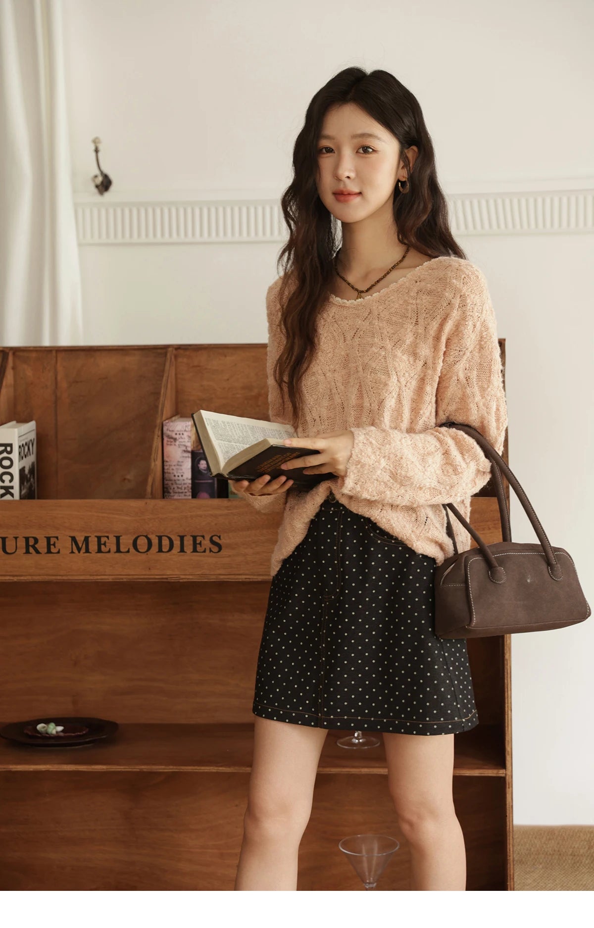 Mishow Bamboo Loop Yarn Hollow V-Neck Lace Sweater MXE43Z1349