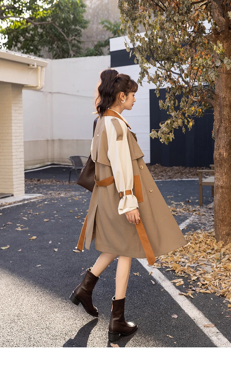 Mishow Khaki Contrast Color Spliced Trench Coat MXB31W0367