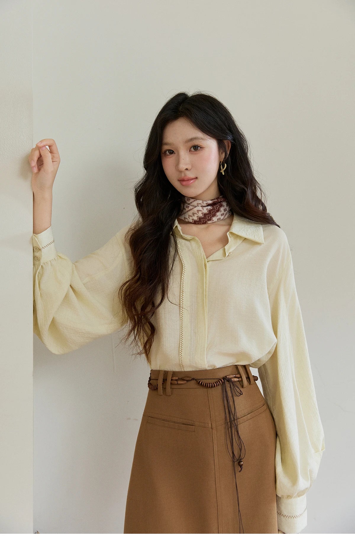 MISHOW Lapel Lantern Sleeve Shirt Lace Trim Loose MXF13C2436