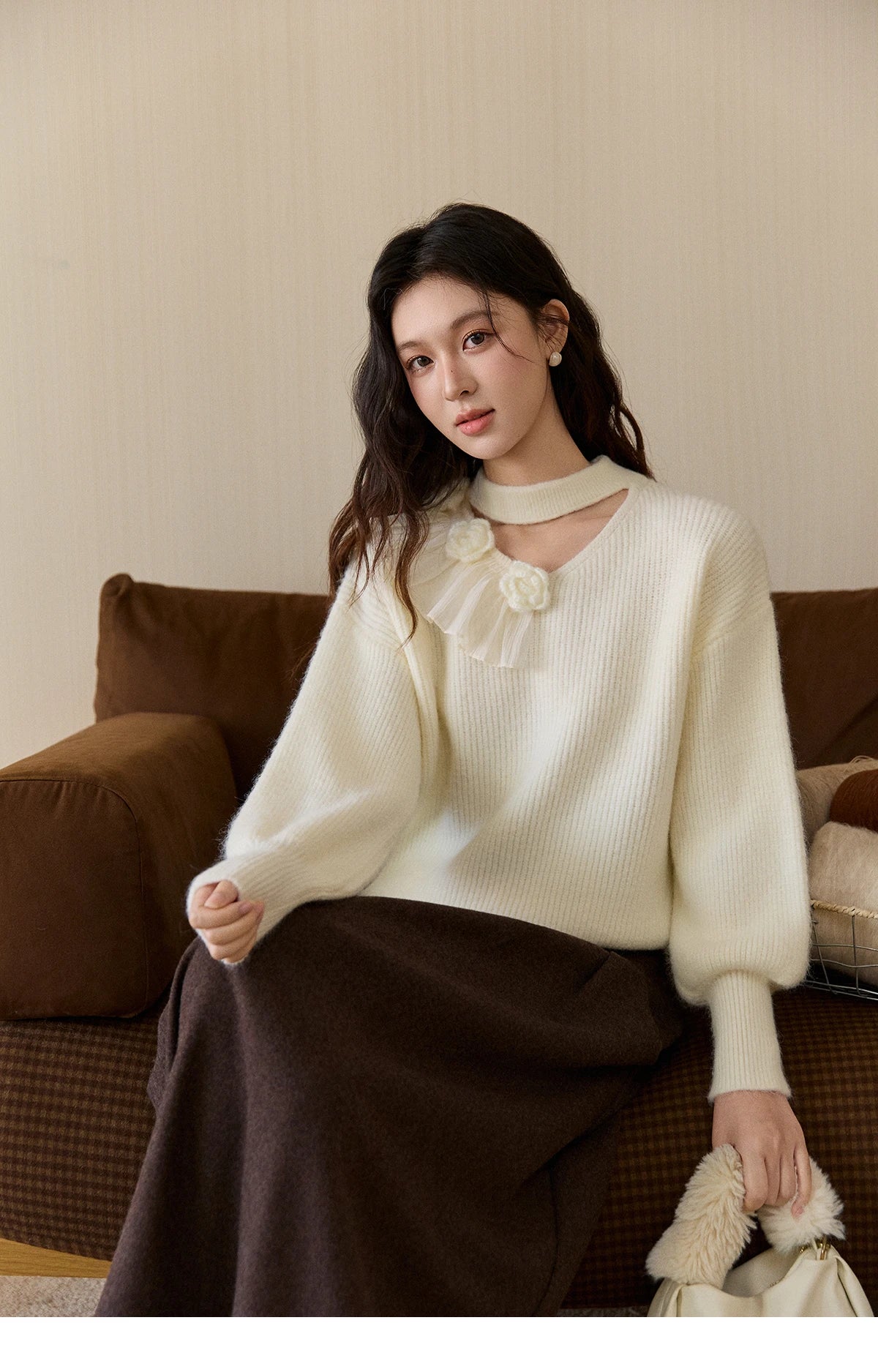 Mishow Cutout Neck Ruffle Flower Lantern Sleeve Pullover MXE94Z2982