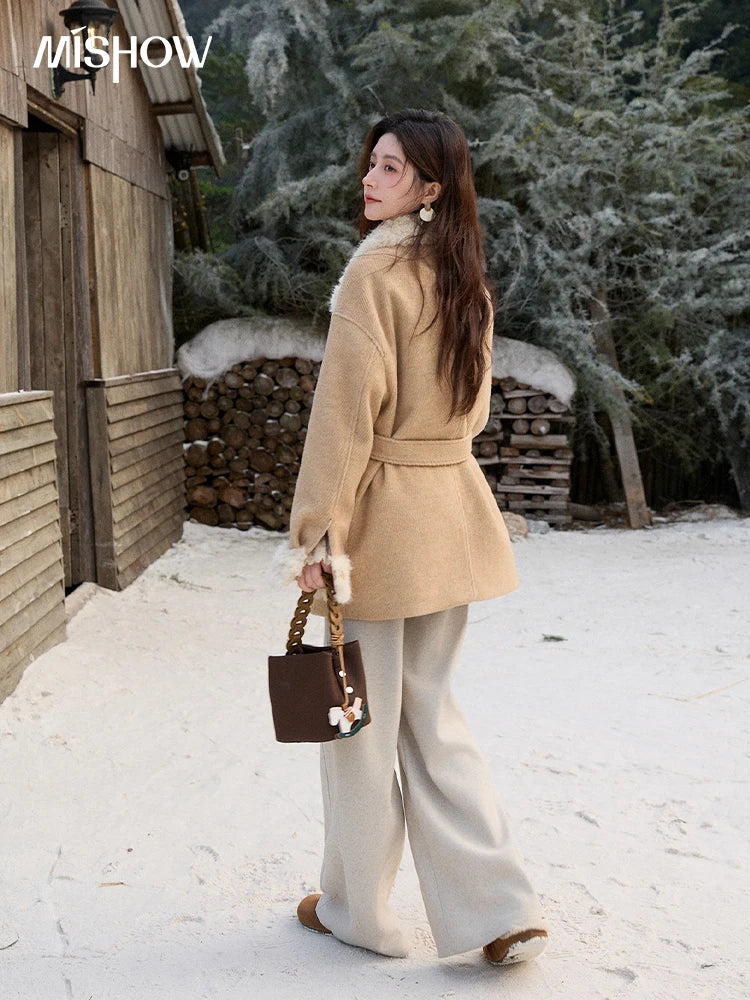 Mishow Thick Wool Blend Belted Patchwork Coat MXE92W0997