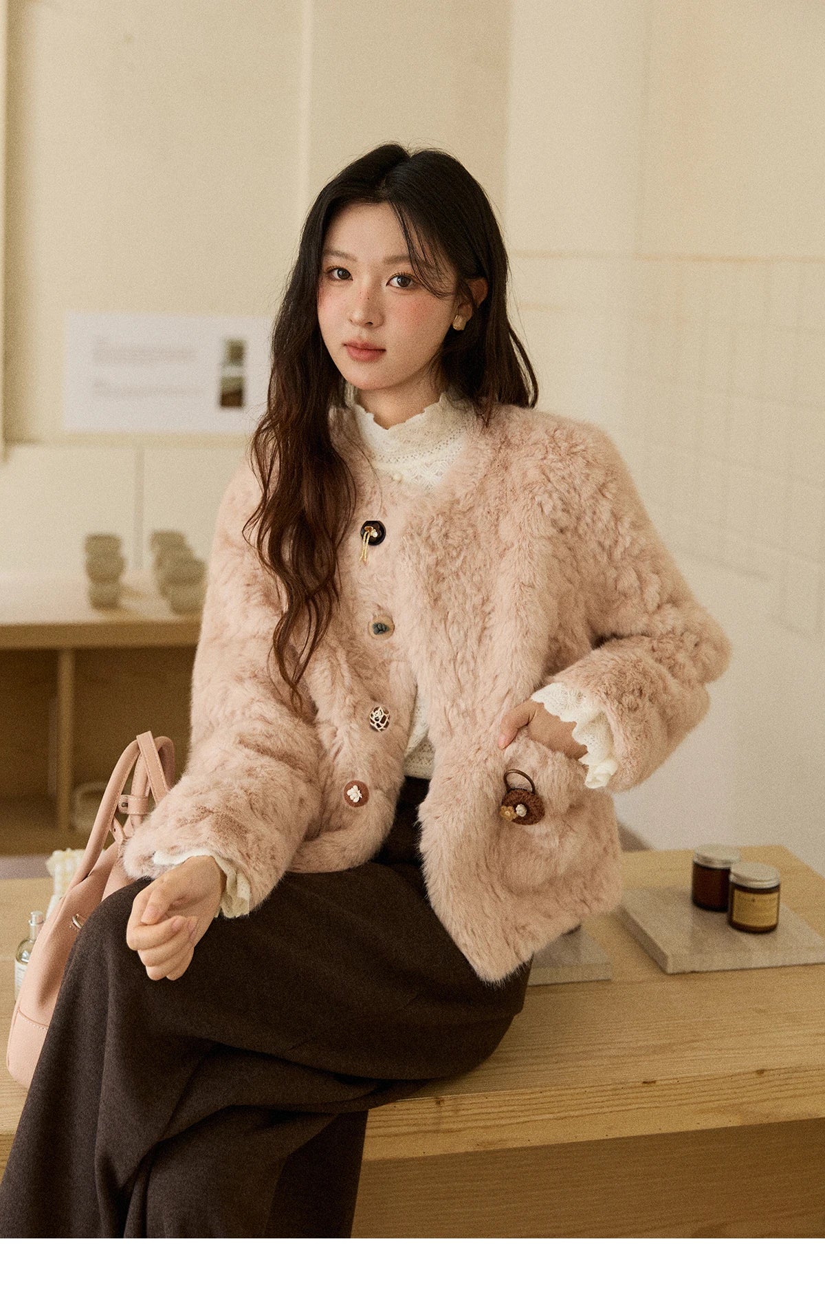 Mishow Sweet Pink Faux Rabbit Fur Coat MXE87W0990