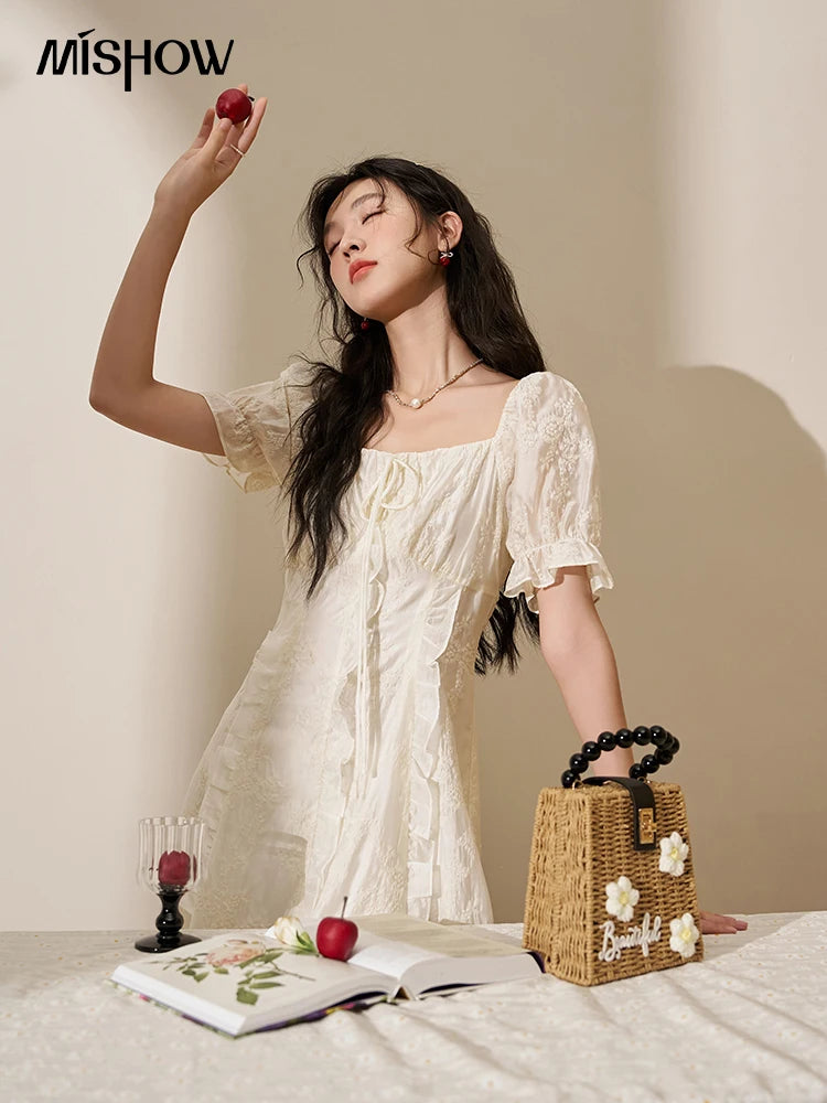 Mishow Square Neck Vertical Stripe Ruffle Dress MXD27L1808