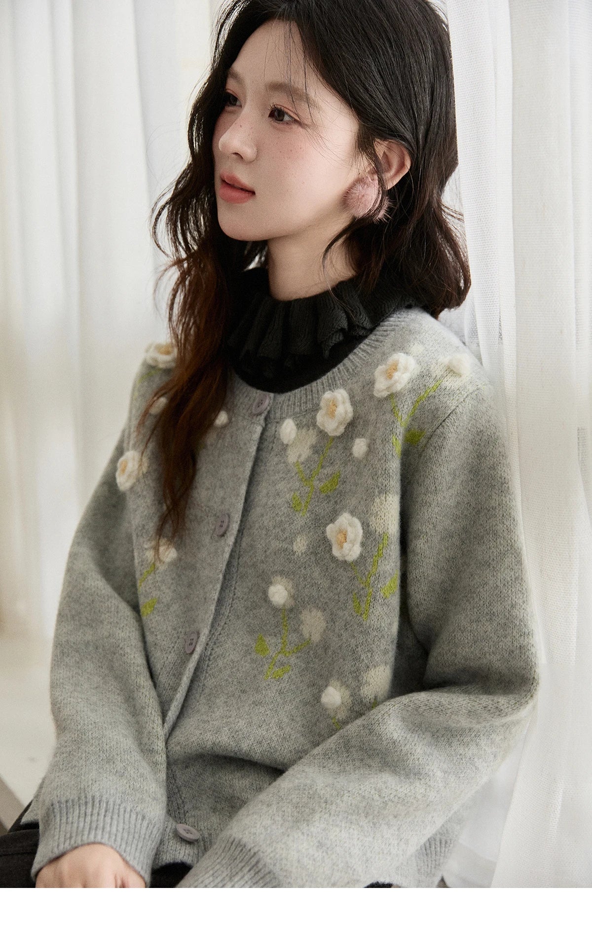 Mishow Gray Flower Embroidery Round Collar Cardigan MXE91Z2836