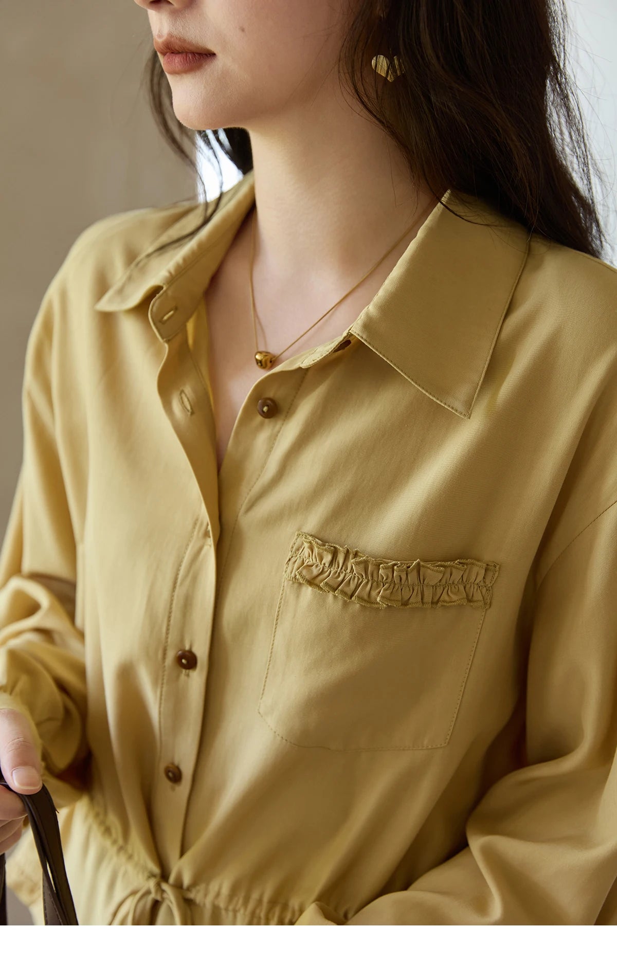 MISHOW Yellow Drawstring Waist Shirt Lapel Lantern Sleeve MXE42C2368