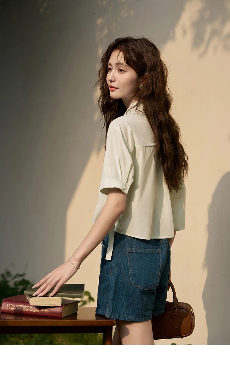 MISHOW Same Color Bow Embroidered Shirt Asymmetric Hem MXD23C0257