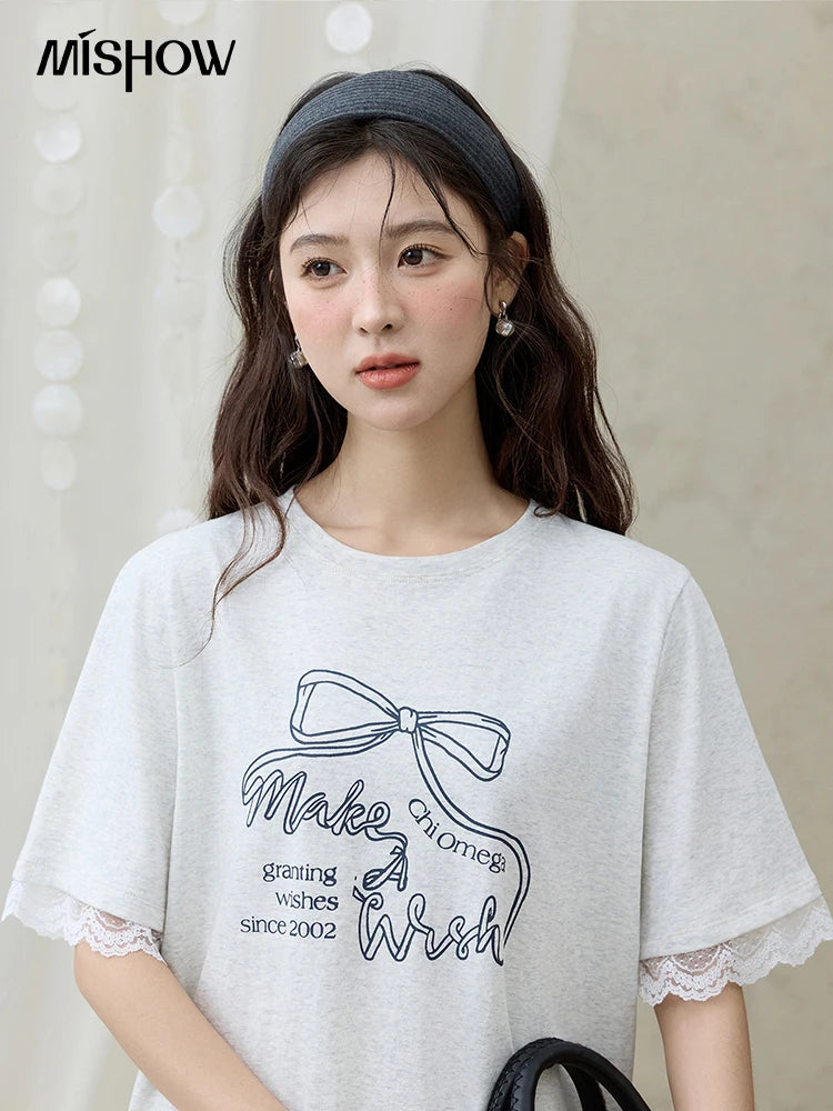 Mishow Print Lace Bow Detail Tee MXE32T0554