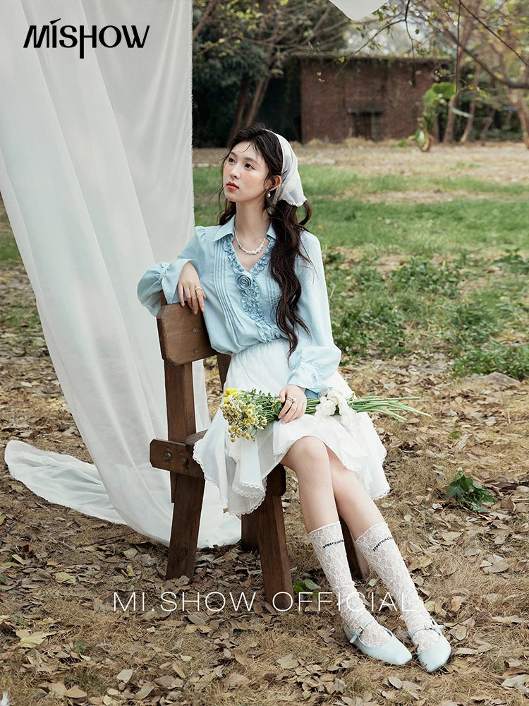 MISHOW V-Neck Long Flare Sleeve Solid Blouse MXE14X1730