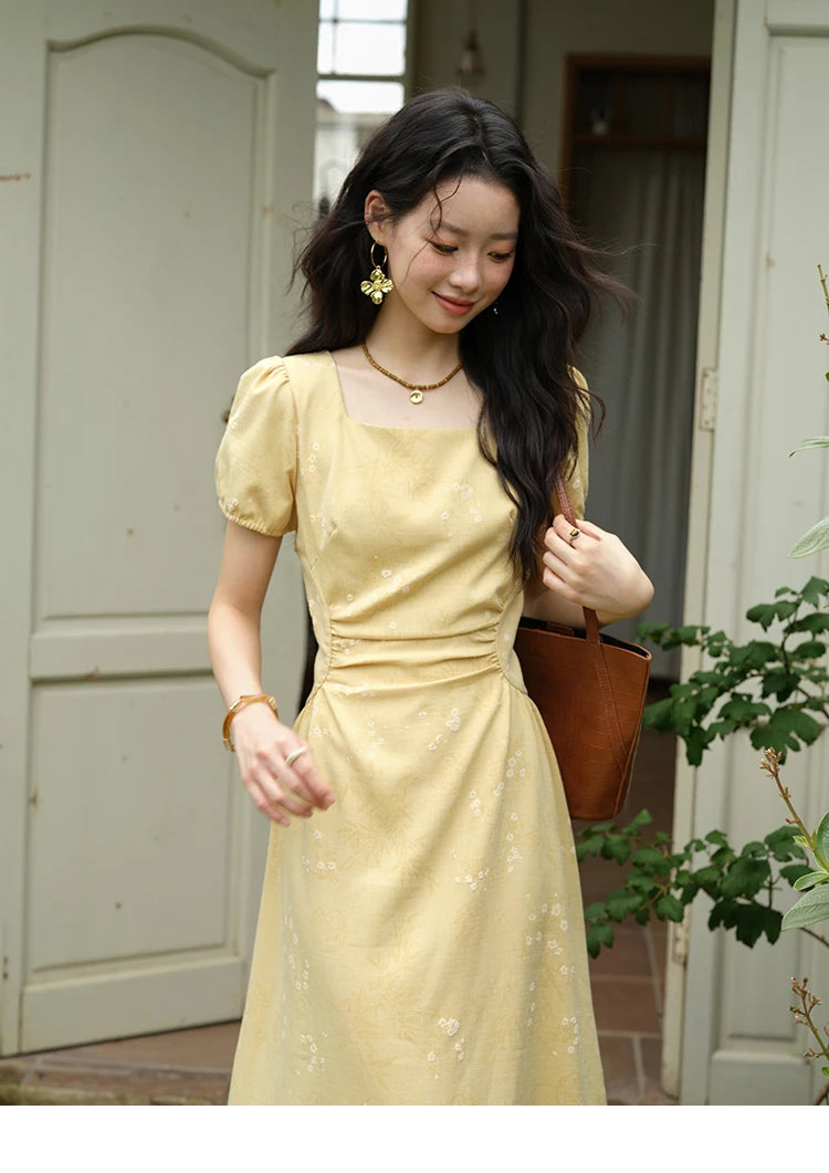 Mishow Square Neck Puff Sleeve Bamboo Jacquard Dress MXE39L2415