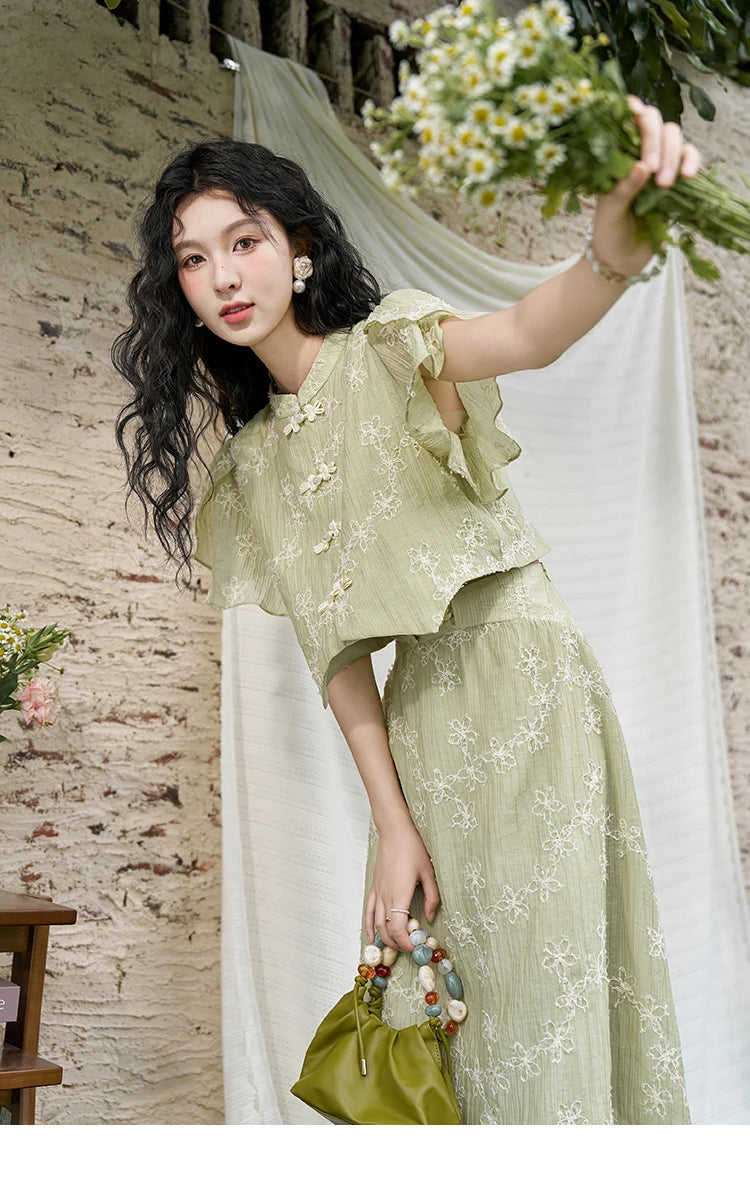 Mishow Chinese Green Stand Collar Top & Selvedge Skirt Set MXD22X1388