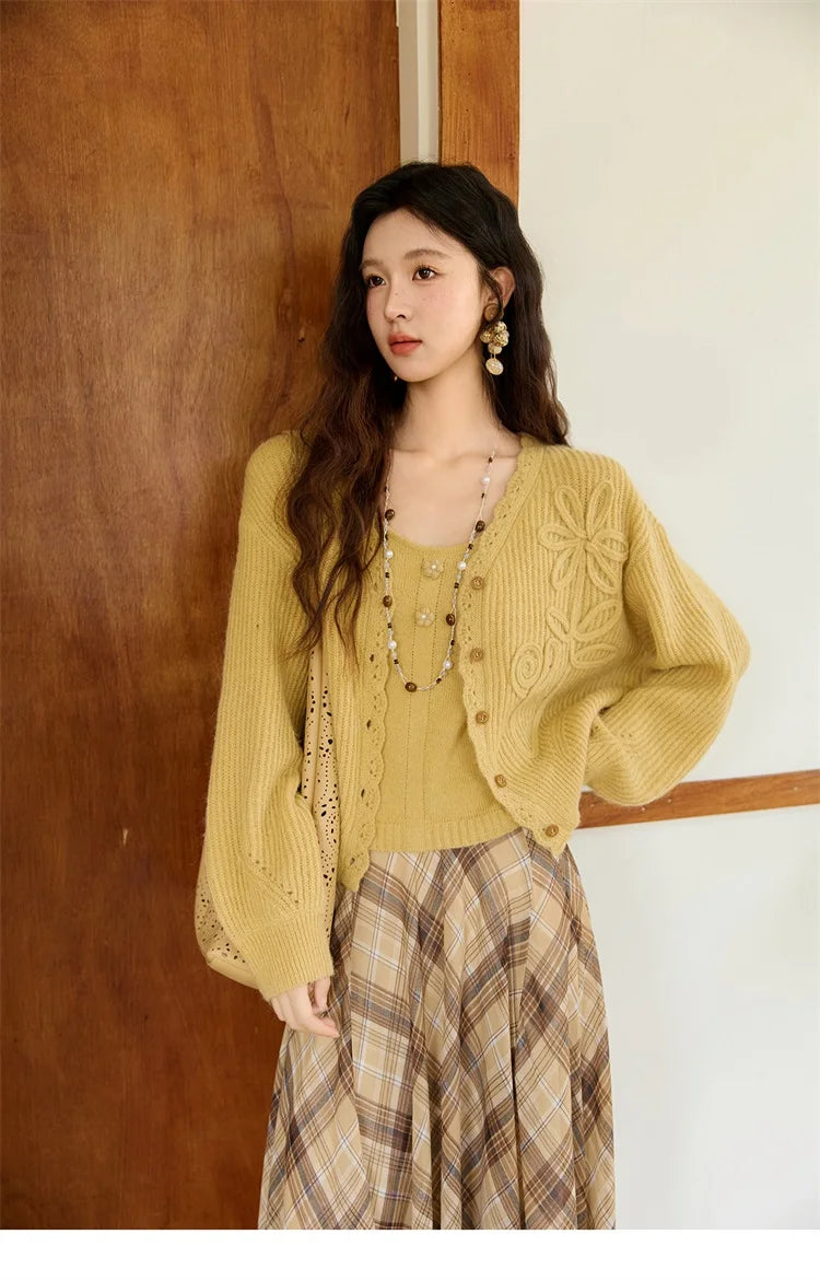 Mishow Yellow V-Neck Cardigan & Slim Camisole Set MXE45T0742
