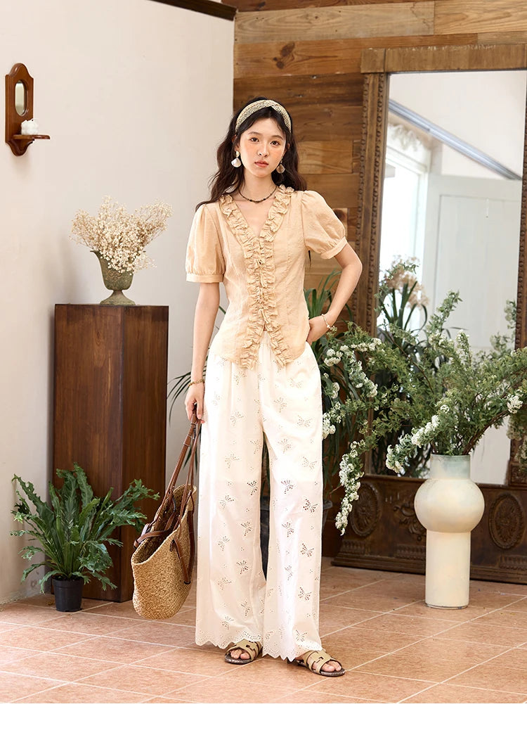 MISHOW V-Neck Blouse Puff Sleeve Fungus Edge Slim MXE35X1841
