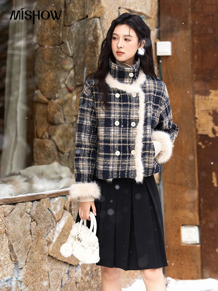 Mishow Vintage Plaid Fur Collar Stand Collar Jacket MXD36W0503