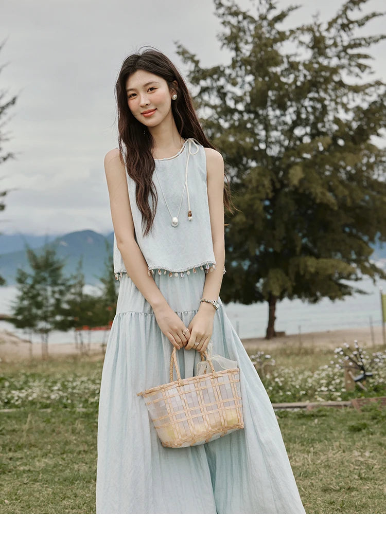 Mishow Sleeveless Round Neck Vest & Solid Midi Skirt Set MXE33T0526