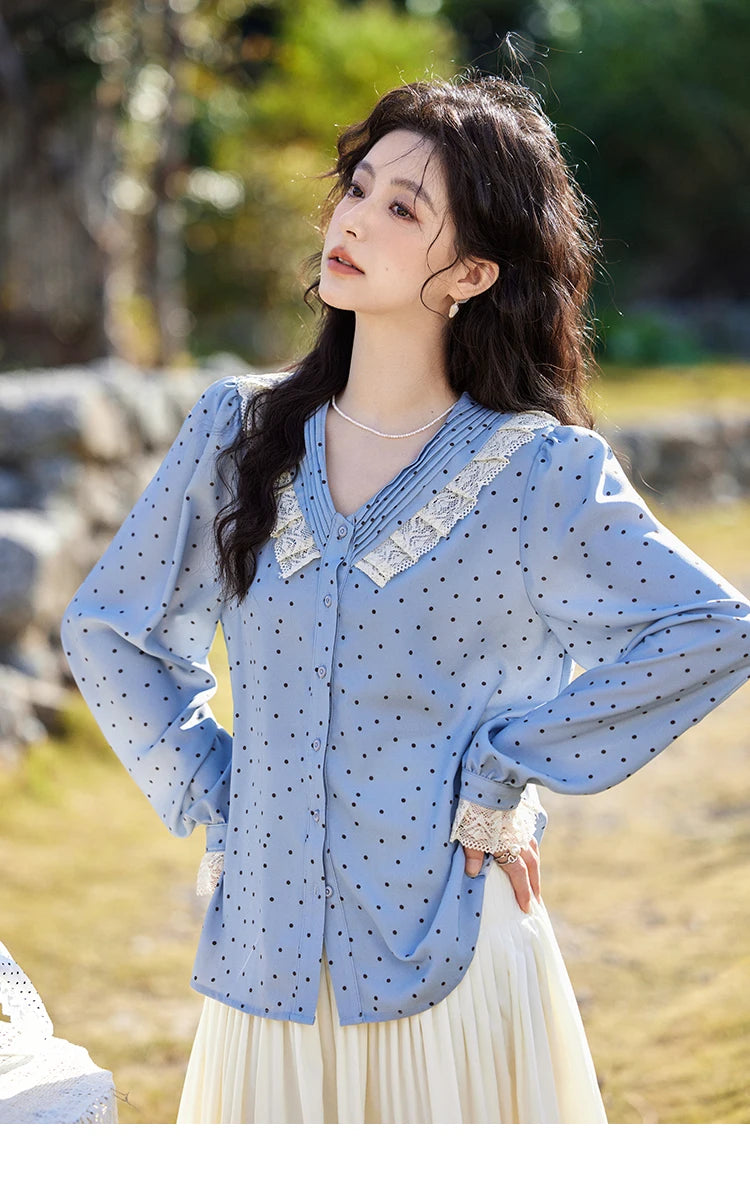 MISHOW Lace Patchwork Polka Dot Shirt V-Neck Hollow Out MXE12X1707